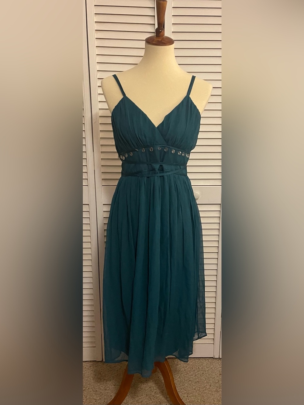 Jonathan Martin Teal V-Neck Chiffon Evening Dress with Waist Stud Detail